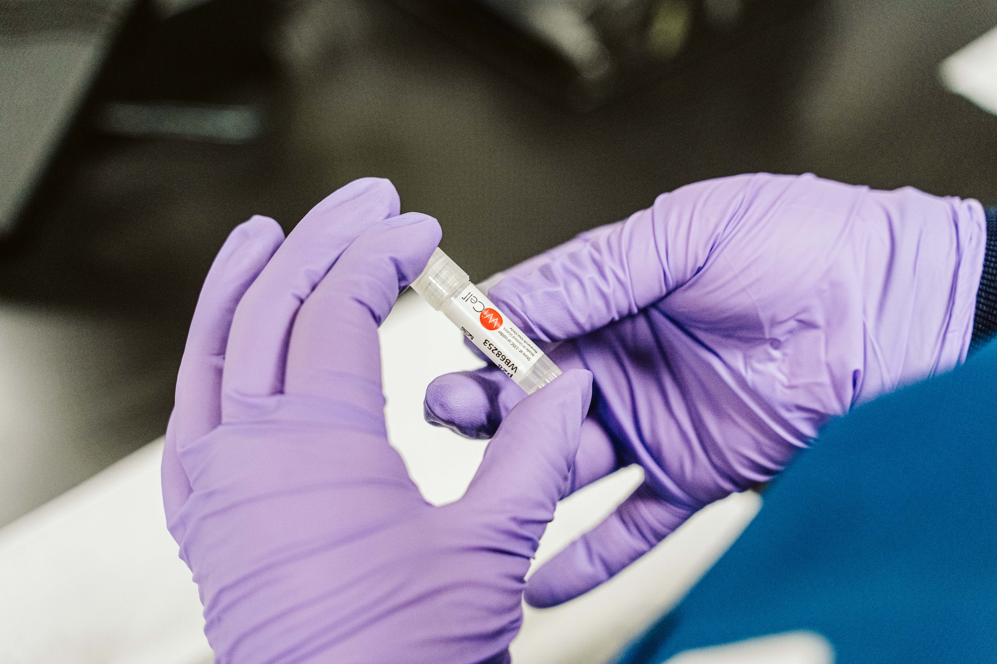 A pair of gloved hands hold a vial of stem cells from WiCell.