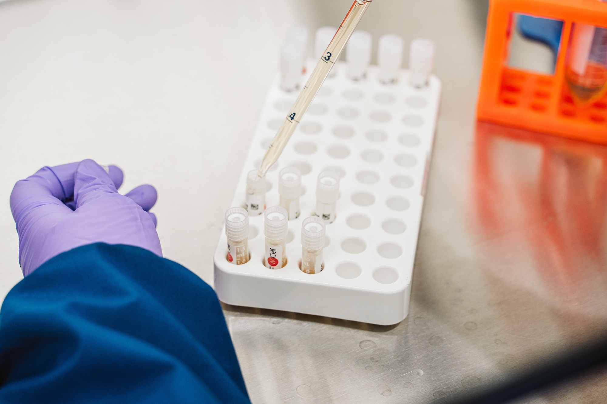 Close up of a pipette inserted into a vial in a small tray of other vials.