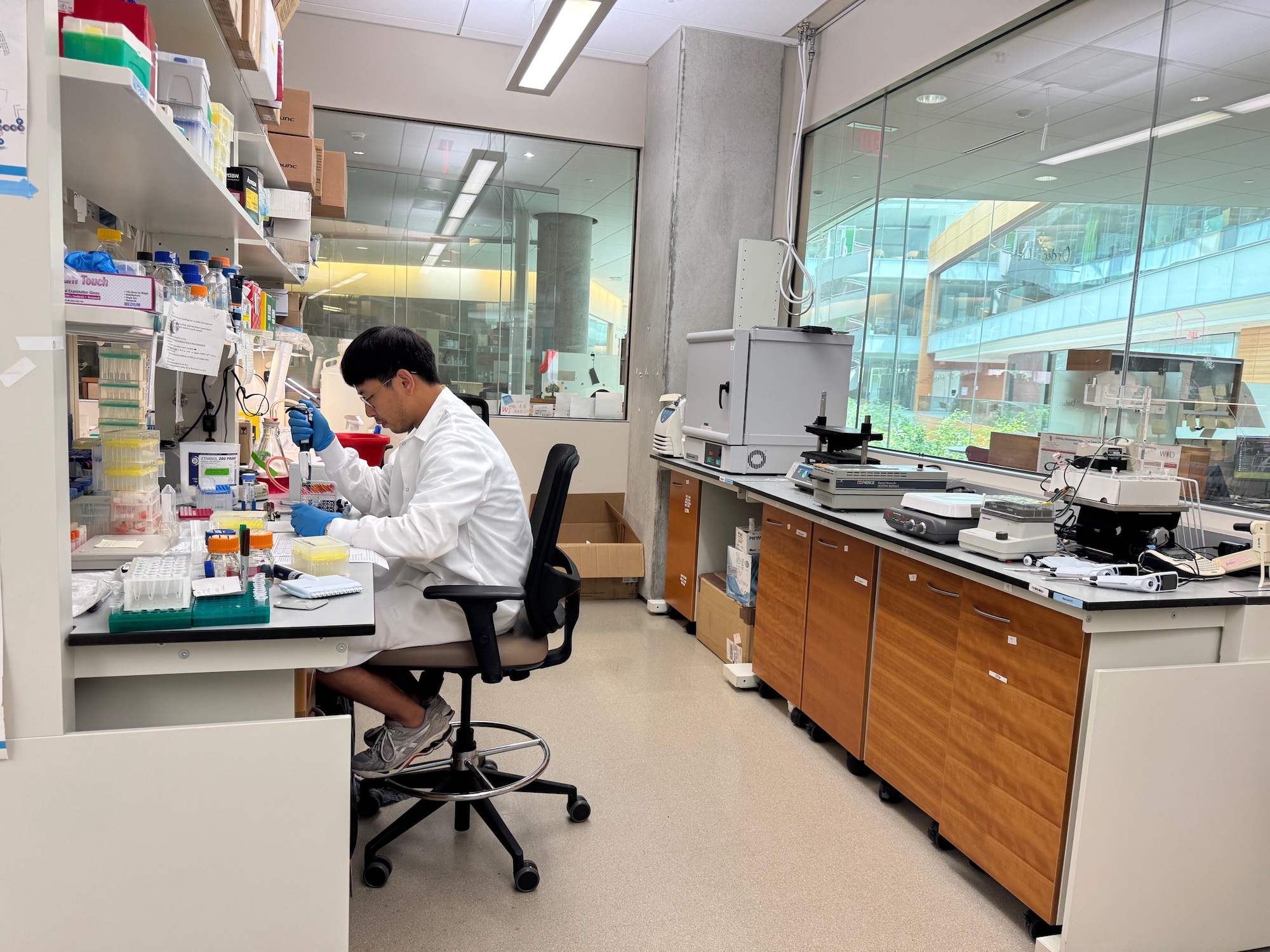 A WiCell scientist is hard at work in a full stem cell lab.
