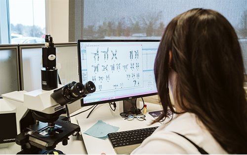WiCell Cytogenetics Specialist Alyssa Freund examines a karyotype image.